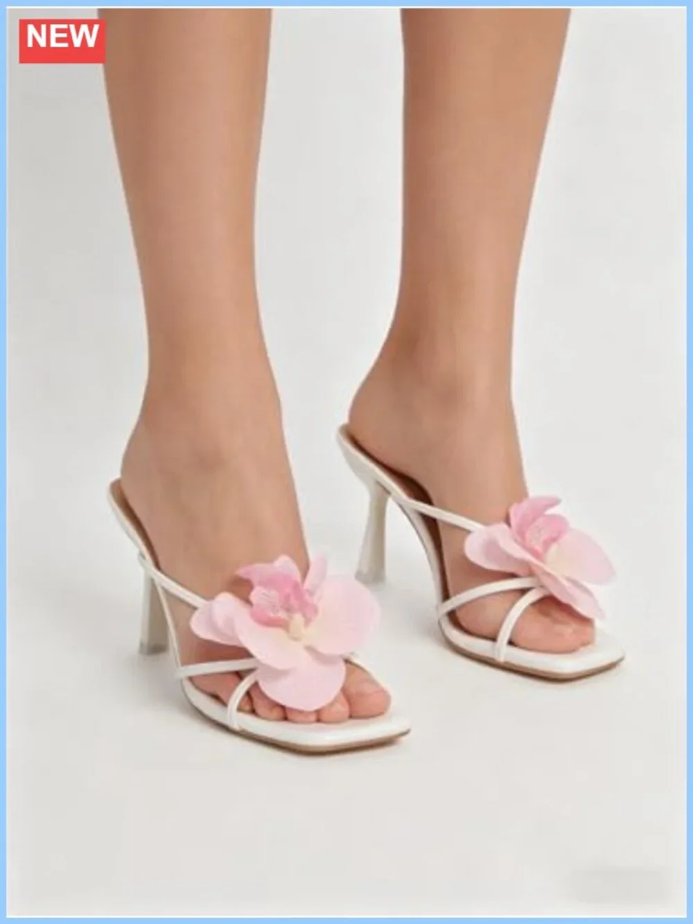 Faux Leather Kitten Heel Floral Sandals for Women Slip On Open Toe